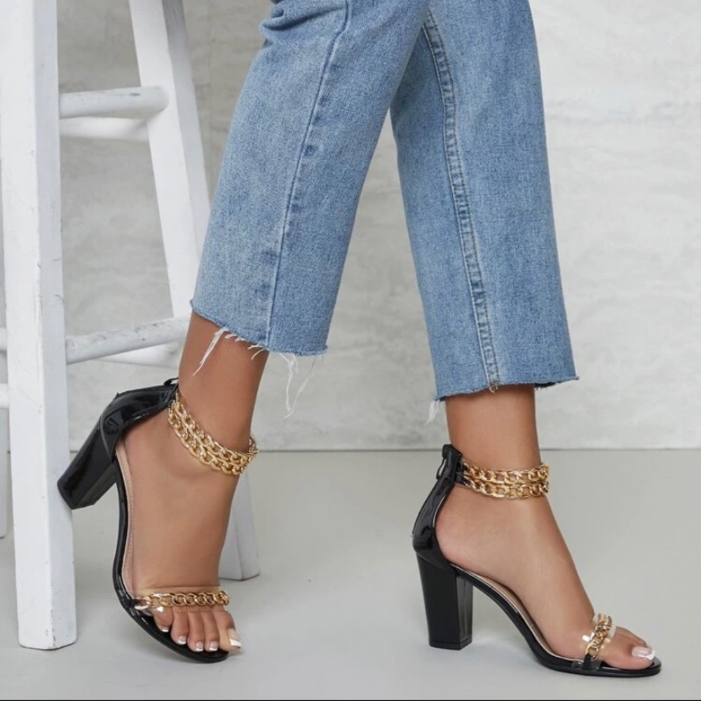 Black Open-Toe Chain Heels - Sz 6.5